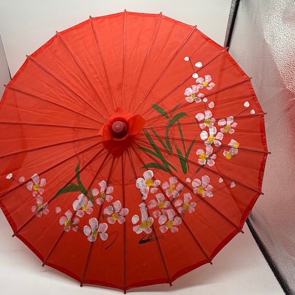 Red Asian Parasol Umbrella Cherry Blossom Bamboo Handle handprinted lot of 2 - Picture 6 of 9